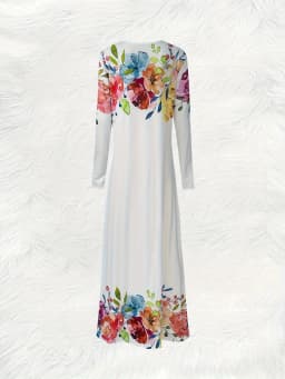 Floral Embroidered Long Sleeve Dress Vacation Style Summer Casual A Line Midi Dress for Women Round Neck Lightweight Flowy