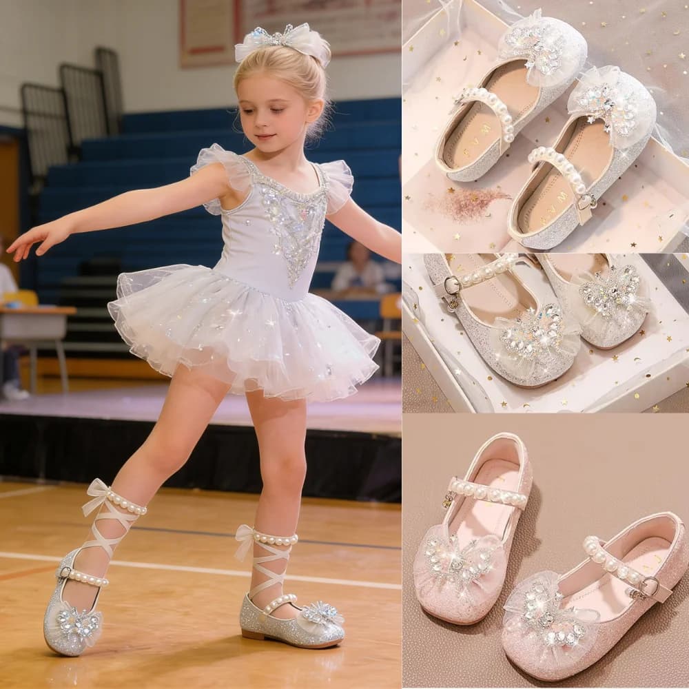 Girls’ Dance Princess Pearl Dress Shoes Faux Leather Mary Janes Sparkle Accents Comfortable Dancing Butterflie Parties Occasions