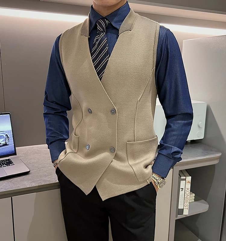 Men 2025 Autumn Winter New Double-breasted Knitted Vest Male V-neck Sleeveless Coats Mens Solid Color Sweater Waistcoat M22