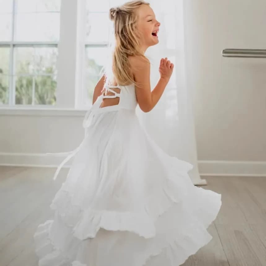 2026 Nordic Girls Spring Summer Cotton Linen Backless Bohemian Lace Mid Length Children Vest Dress