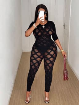Women's Plus Size Sexy Jumpsuit See Through Sheer Mesh Bodycon High Waist Stretchy Web Pattern Slim Fit Jumpsuit for Club Party