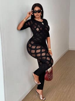 Women's Plus Size Sexy Jumpsuit See Through Sheer Mesh Bodycon High Waist Stretchy Web Pattern Slim Fit Jumpsuit for Club Party