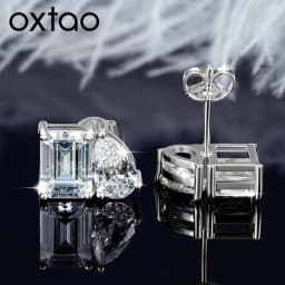 OXTAO Two Stone Cubic Zirconia Stud Earring Emerald &Pear Cut for Women Statement Earrings Wedding Party Jewelry 14K Gold Filled