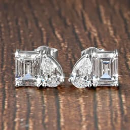 OXTAO Two Stone Cubic Zirconia Stud Earring Emerald &Pear Cut for Women Statement Earrings Wedding Party Jewelry 14K Gold Filled
