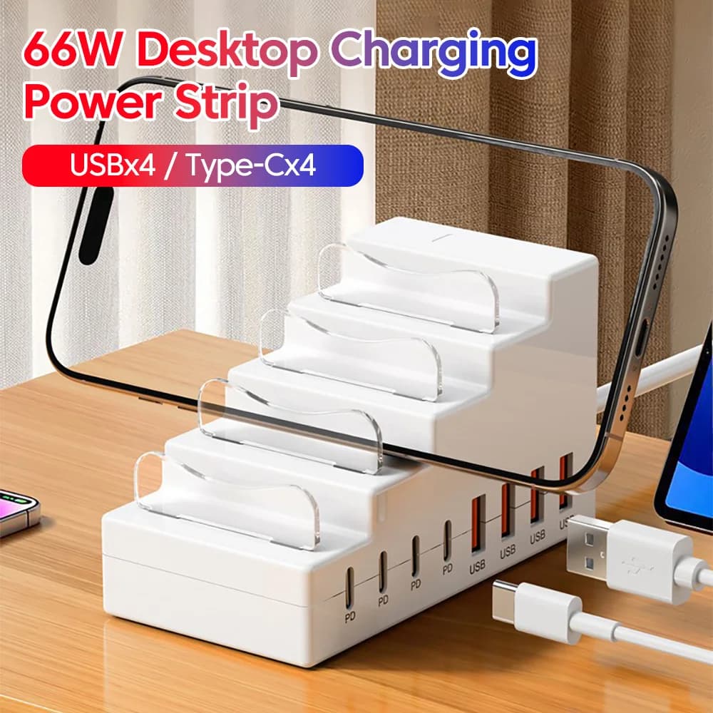 4USB 4Type-C Power Strip USB C Charger Socket 8 Port Fast Charging Charger With Phone Stand Holder For iPhone Xiaomi Huawei