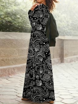 Casual Long Sleeve Dress for Women Tropical Print Waist Accent A-Line Midi Dress Vacation Outfit Summer Fashion Black and