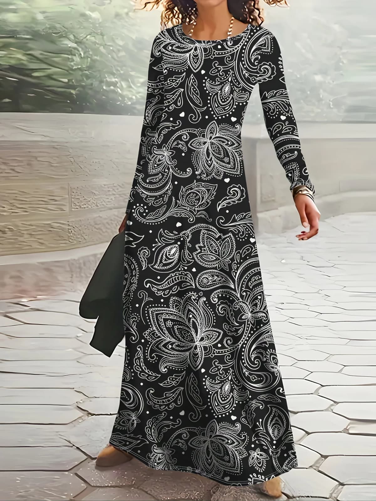 Casual Long Sleeve Dress for Women Tropical Print Waist Accent A-Line Midi Dress Vacation Outfit Summer Fashion Black and