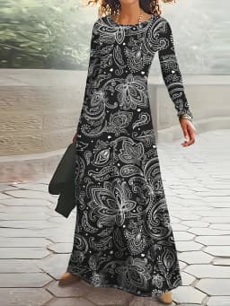 Casual Long Sleeve Dress for Women Tropical Print Waist Accent A-Line Midi Dress Vacation Outfit Summer Fashion Black and