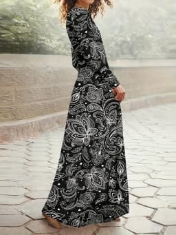 Casual Long Sleeve Dress for Women Tropical Print Waist Accent A-Line Midi Dress Vacation Outfit Summer Fashion Black and