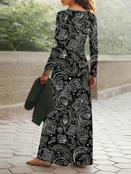 Casual Long Sleeve Dress for Women Tropical Print Waist Accent A-Line Midi Dress Vacation Outfit Summer Fashion Black and