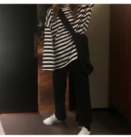 2026 New Arrival Stylish Fashionable Black-and-White Striped Back-to-School Oversized Crew Neck Long-Sleeve T-Shirt