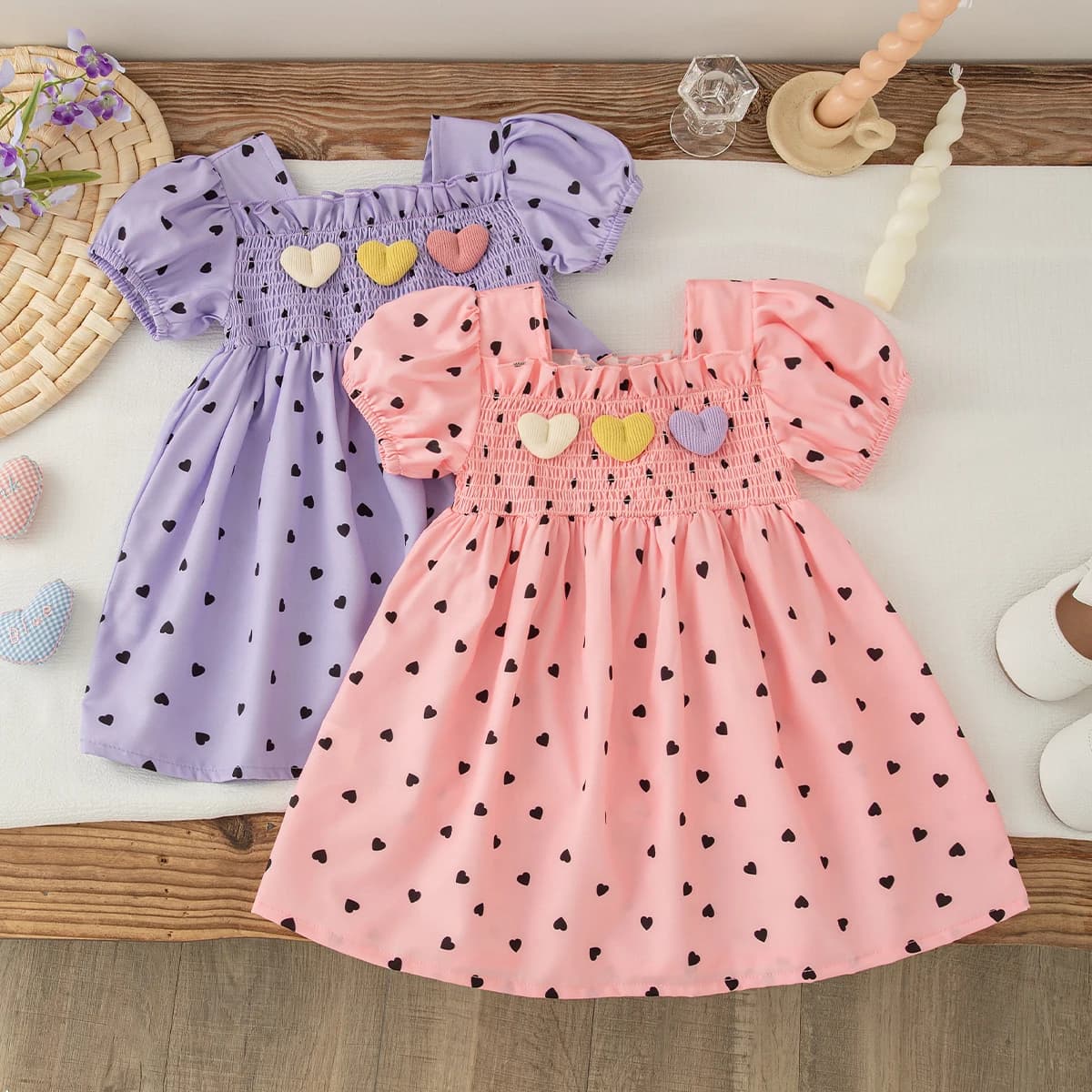 Baby Girl Dress Summer New Sweet Lovely Heart Print Square Neck Bubble Sleeves Fashion Baby Clothes 6 Months - 3 Years
