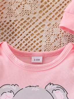 Baby Koala Print Set: Pink Romper + Striped Pants + Animal Hat Three-Piece Set, Autumn and Winter Outing Outfit for Baby Girls