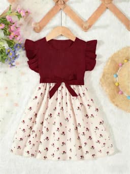 Summer Style Girls' Sleeveless Round Neck Flying Sleeve Pink Printed Dress, Cute Outfit, With Belt