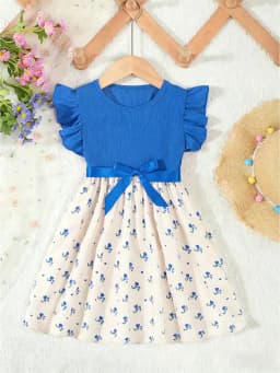 Summer Style Girls' Sleeveless Round Neck Flying Sleeve Pink Printed Dress, Cute Outfit, With Belt