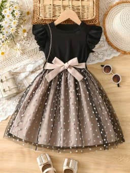 Summer Style Girls' Sleeveless Round Neck Flying Sleeve Pink Printed Dress, Cute Outfit, With Belt