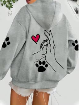 Ladies' Casual and Elegant Polyester Hoodie with Dog and Heart-Shaped Paw Prints, Hoodie, Animal Pattern
