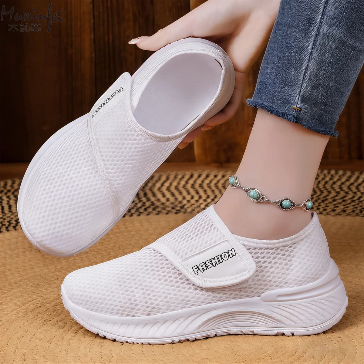 Women's Spring New Casual Versatile Mesh Breathable Velcro Soft Bottom Non Tiring Foot Size Hiking Shoes 36-43