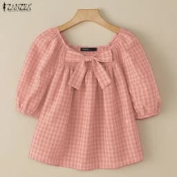 Summer Plaid Shirt Stylish Holiday Tunic Tops ZANZEA Elegant Women Square Neck Short Puff Sleeve Work Blouse Female Blusas Mujer