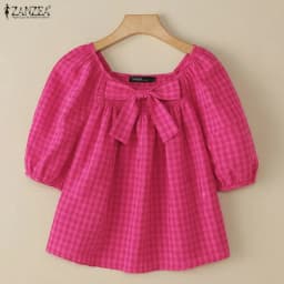 Summer Plaid Shirt Stylish Holiday Tunic Tops ZANZEA Elegant Women Square Neck Short Puff Sleeve Work Blouse Female Blusas Mujer