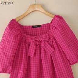 Summer Plaid Shirt Stylish Holiday Tunic Tops ZANZEA Elegant Women Square Neck Short Puff Sleeve Work Blouse Female Blusas Mujer