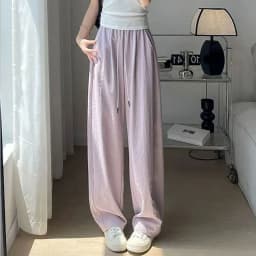 Summer Comfortable Ice Silk Wide Leg Trousers Female Solid Versatile Loose Casual Pants Straight Leg Elastic High Waisted Pants