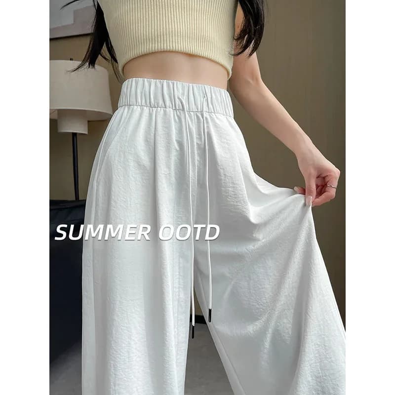 Summer Comfortable Ice Silk Wide Leg Trousers Female Solid Versatile Loose Casual Pants Straight Leg Elastic High Waisted Pants