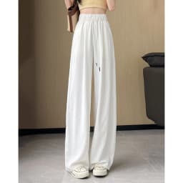Summer Comfortable Ice Silk Wide Leg Trousers Female Solid Versatile Loose Casual Pants Straight Leg Elastic High Waisted Pants