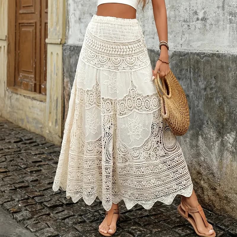 Crochet Lace Maxi Skirt Elastic Waist Hollow-out Embroidered Long Skirt Bohemian Beach Festival Women Summer Boho Resort Outfit