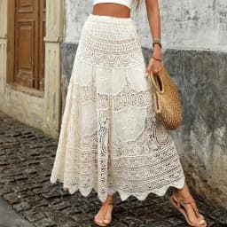 Crochet Lace Maxi Skirt Elastic Waist Hollow-out Embroidered Long Skirt Bohemian Beach Festival Women Summer Boho Resort Outfit