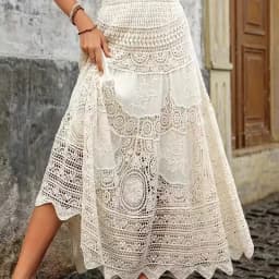 Crochet Lace Maxi Skirt Elastic Waist Hollow-out Embroidered Long Skirt Bohemian Beach Festival Women Summer Boho Resort Outfit