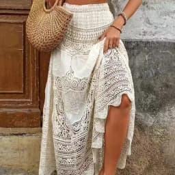 Crochet Lace Maxi Skirt Elastic Waist Hollow-out Embroidered Long Skirt Bohemian Beach Festival Women Summer Boho Resort Outfit