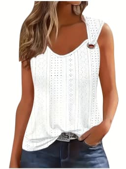Women's Eyelet Embroidery Tank Top Symmetrical Straps with Buckle V Neck Casual Sleeveless Cami Tops
