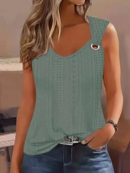 Women's Eyelet Embroidery Tank Top Symmetrical Straps with Buckle V Neck Casual Sleeveless Cami Tops