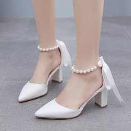 Ladies White High Heels with Pearl Ribbon Sandals Evening Gown Shoes Wedding Footwear Elegant Women's Footwear