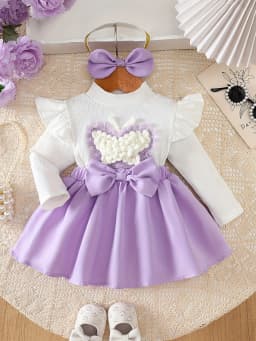 Pink Hand-Crafted 3D Bowknot Lotus Leaf Sleeve Faux Two-Piece Princess Dress with Large Bowknot Headband, Cute and Eye-Catching