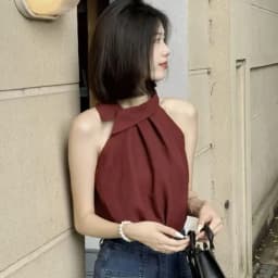 Elegant Halter Sleeveless Summer Top Women Casual Off shoulder T shirt Daily Outdoor Korean Chic Cropped Tank Top Solid color