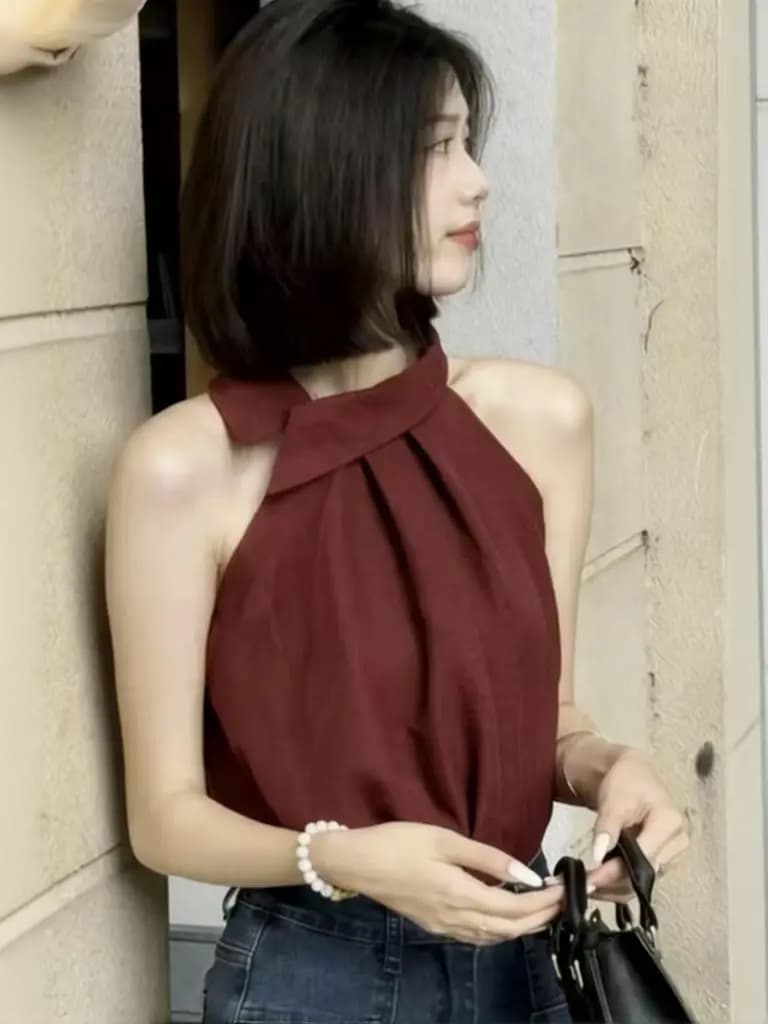 Elegant Halter Sleeveless Summer Top Women Casual Off shoulder T shirt Daily Outdoor Korean Chic Cropped Tank Top Solid color