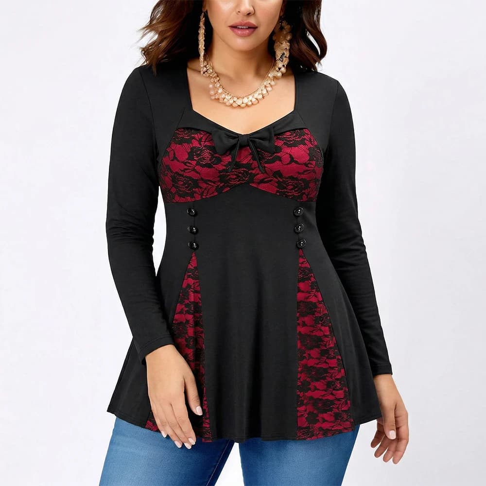 Women's Gothic Lace Contrast Tunic Plus Size Blouse Top Sweetheart Neck Bow Decor Long Sleeve Flared Hem Blouse Spring 2026