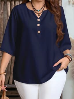 Plus Size Women's Casual Simple Shirt, Suitable for Spring, Summer, Autumn, and Valentine's Day, Solid Color V-Neck Top
