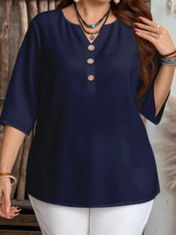 Plus Size Women's Casual Simple Shirt, Suitable for Spring, Summer, Autumn, and Valentine's Day, Solid Color V-Neck Top