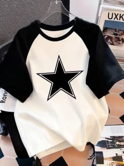 Y2k Star Design Print Letter Print Crew Neck T-Shirt Casual Short Sleeve Top for Spring Summer Women's Clothing Top Tee