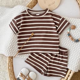 Brown Children's Suit 2PCS Set New Summer Short Sleeve +Shorts Striped Boy Girl Child T-shirt Baby Clothes Children's Clothing