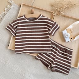 Brown Children's Suit 2PCS Set New Summer Short Sleeve +Shorts Striped Boy Girl Child T-shirt Baby Clothes Children's Clothing