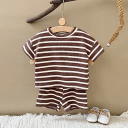 Brown Children's Suit 2PCS Set New Summer Short Sleeve +Shorts Striped Boy Girl Child T-shirt Baby Clothes Children's Clothing