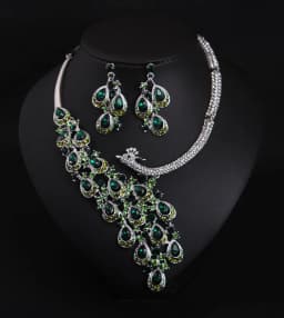Ruby peacock necklace and earrings set. High-quality waterproof jewelry. Gift for your wife.