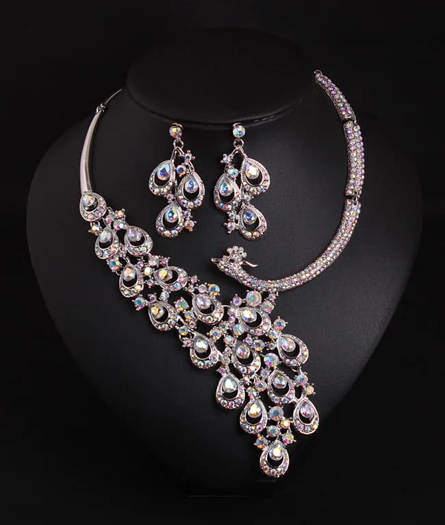 Ruby peacock necklace and earrings set. High-quality waterproof jewelry. Gift for your wife.
