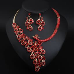 Ruby peacock necklace and earrings set. High-quality waterproof jewelry. Gift for your wife.