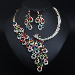 Ruby peacock necklace and earrings set. High-quality waterproof jewelry. Gift for your wife.