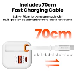 65W Fast Charger With Retractable USB C Cable 2 Ports USB Type C Charger PD Quick Charge 3.0 Phone Chargers For iphone Android